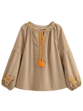 Load image into Gallery viewer, Lantern Sleeve , Floral Embroidered Linen Cotton Blouse,Loose Boho Shirt

