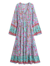Load image into Gallery viewer, Ethnic Floral Long Sleeve Tassel Rayon Beach Bohemian maxi Dress
