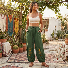 Load image into Gallery viewer, Sun Moon Embroidery ,Linen Cotton Baggy Pants ,Loose Yoga Trousers
