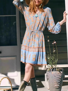 Blue Floral Print Bohemian Mini Dress , Rayon Boho Dress