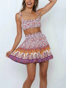 Pink Floral,Mini Skirts and Tops,Boho Sets