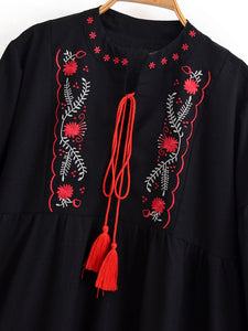 Floral Emberoidery, Linen Cotton Maxi Dress,Tassel Boho Dress
