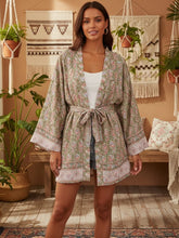 Load image into Gallery viewer, Green Floral Boho Kimono, Bohemian Bikini Cover-up
