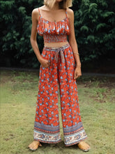 Load image into Gallery viewer, Red Floral Print Two Piece Outfits,  Rayon Cotton Boho Sets
