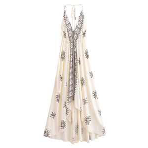 Floral Print ,Backless Sexy Maxi Dres,Vacation Boho Dress