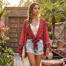 Load image into Gallery viewer, Floral Print Rayon Kimono Top - Ruffle Sleeve Tie Front Crop Top

