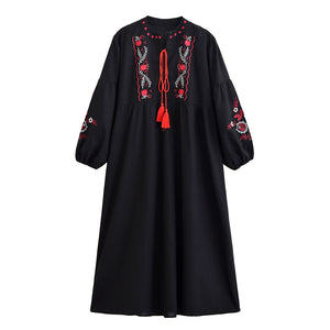 Floral Emberoidery, Linen Cotton Maxi Dress,Tassel Boho Dress