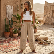 Load image into Gallery viewer, Sun Moon Embroidery ,Linen Cotton Baggy Pants ,Loose Yoga Trousers
