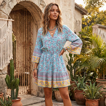 Load image into Gallery viewer, Blue Floral Print, Bohemian Mini Dress, Beach Boho Dress
