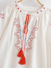 Load image into Gallery viewer, Retro Floral Embroidered, Linen Cotton Blouse ,Lace-up Boho Shirt
