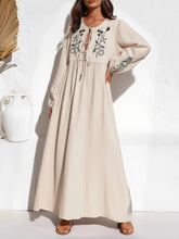 Load image into Gallery viewer, Linen Cotton,Wild Floral Embroidery , Lace-up Tassel Maxi Boho Dress
