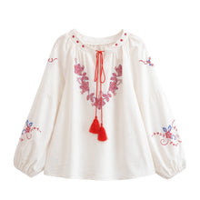 Load image into Gallery viewer, Wild Floral Embroidery ,Linen Cotton Shirts, Lace-up Tassel Boho Blusas

