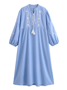 Floral Emberoidery, Linen Cotton Maxi Dress,Tassel Boho Dress