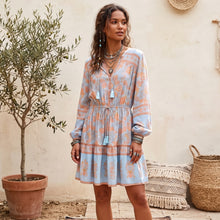 Load image into Gallery viewer, Blue Floral Print Bohemian Mini Dress , Rayon Boho Dress
