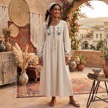 Load image into Gallery viewer, Linen Cotton,Wild Floral Embroidery , Lace-up Tassel Maxi Boho Dress
