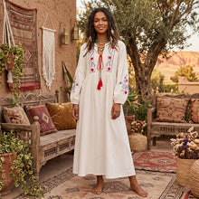 Load image into Gallery viewer, Floral Emberoidered, Linen Cotton Maxi Dress,Tassel Boho Dress
