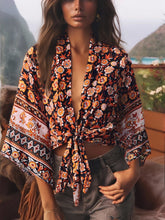 Load image into Gallery viewer, Bohemian Kimono, Boho Bikini Cover-ups,Black Floral Print
