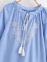 Load image into Gallery viewer, Wild Floral Embroidery ,Linen Cotton Shirts, Lace-up Tassel Boho Blusas
