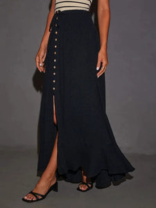 Single Breasted  Beach Bohemian Maxi Skirt, Split Boho Skirt