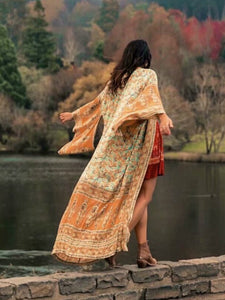 Yellow Floral Print,Bohemian Kimono, Boho Maxi Dress