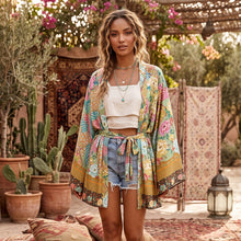 Load image into Gallery viewer, Green Peacock Floral Print ,bohemian kimono ,Boho robe Cover-ups
