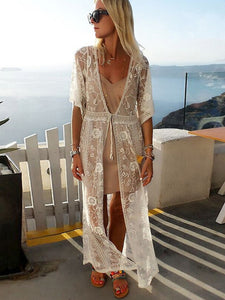 White hollow Out ,Bohemian maxi dress, Boho kimono