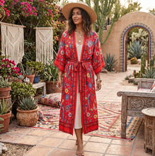 Load image into Gallery viewer, Green Peacock Floral Print,Bohemian  Kimono,  Boho Cover-ups
