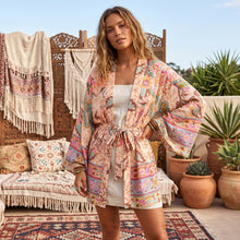Load image into Gallery viewer, Peacock Floral Print ,Boho Kimono,bohemian Short Robe Kimono
