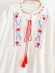 Floral Emberoidery, Linen Cotton Maxi Dress,Tassel Boho Dress
