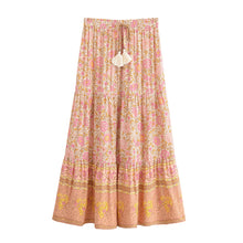 Load image into Gallery viewer, Pink Floral Tiered Boho Maxi Skirt - Elastic Waist Tassel

