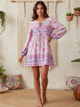 Load image into Gallery viewer, Bohemian Floral Print Mini Dress - Long Sleeve V-Neck Flowy Summer Tunic
