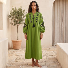 Load image into Gallery viewer, Floral Emberoidery ,Bohemian Maxi Dress ,Linen Cotton Dress
