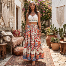 Load image into Gallery viewer, Cream Floral Tiered Boho Maxi Skirt - Drawstring Long Skirt

