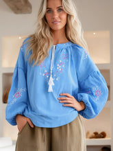 Load image into Gallery viewer, Retro Floral Embroidered ,Linen Cotton Blouse ,Lace-up Tassel Boho Shirts
