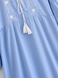 Floral Emberoidery, Linen Cotton Maxi Dress,Tassel Boho Dress