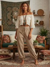 Load image into Gallery viewer, Sun Moon Embroidery ,Linen Cotton Baggy Pants ,Loose Yoga Trousers
