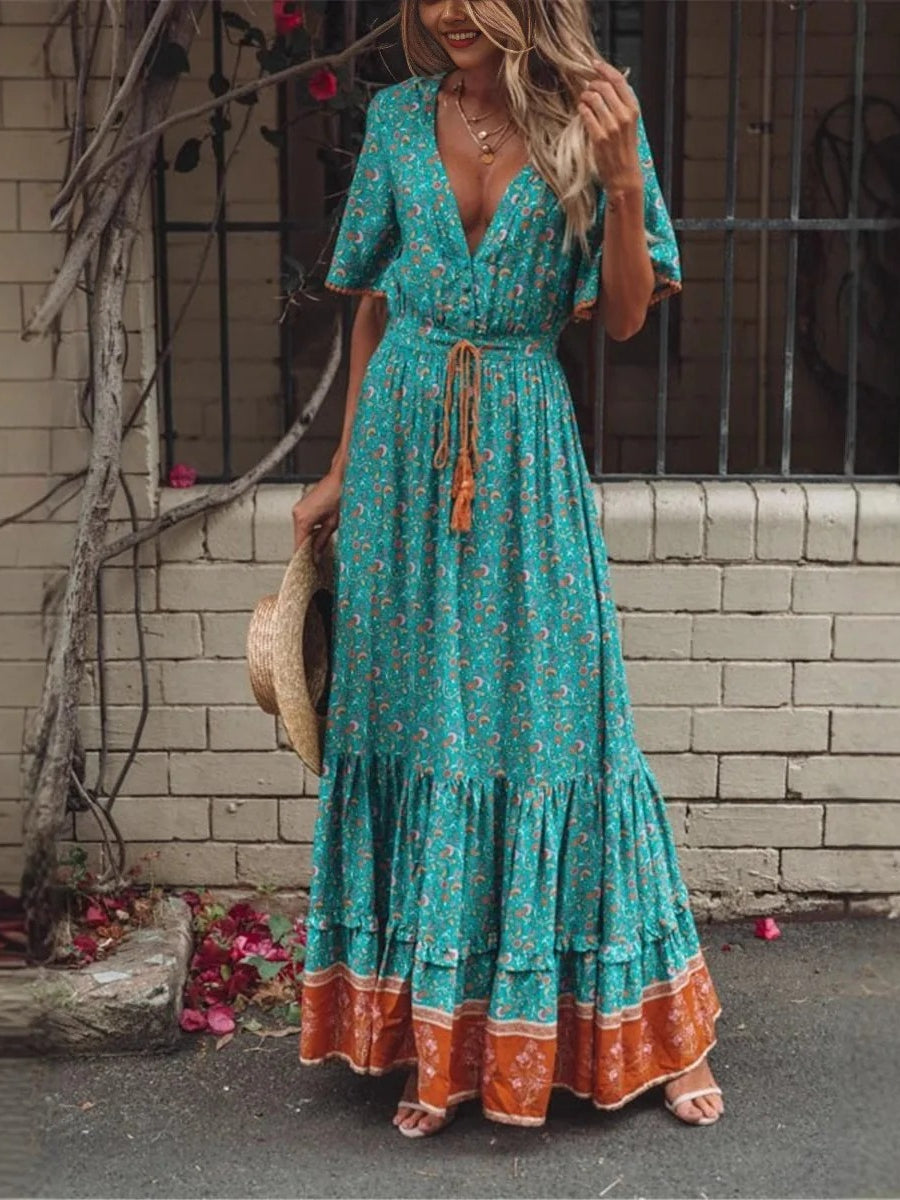 Bohemian Maxi Dress, Boho Dress,Multi Floral Print Boho Queens Bohemian Maxi Dress, Boho Dress,Multi Floral Print Boho Queens