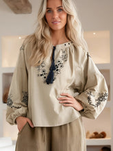 Load image into Gallery viewer, Wild Floral Embroidery ,Linen Cotton Shirts, Lace-up Tassel Boho Blusas
