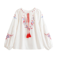 Load image into Gallery viewer, Retro Floral Embroidered ,Linen Cotton Blouse ,Lace-up Tassel Boho Shirts
