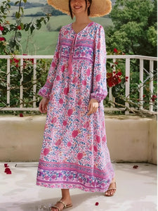 Pink Floral Print ,Beach Bohemian Maxi Dresses ,Boho Dress