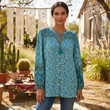 Load image into Gallery viewer, Green Floral Print, Loose Blouses ,Boho Shirts

