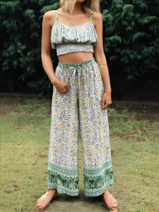 Boho Sets,Long Pants and Tops,Green Floral Print