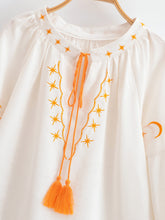 Load image into Gallery viewer, Star Moon Embroidery, Linen Cotton Blouse,Lace-up Tassel Boho Shirts

