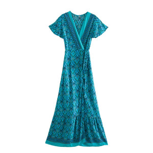Boho Dress, Bohemian Maxi Dress,Green Floral Print