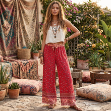 Load image into Gallery viewer, Red Floral , Wide Leg Pants,Loose Vacation Boho Pants

