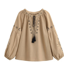 Load image into Gallery viewer, Star Moon Embroidery, Linen Cotton Blouse,Lace-up Tassel Boho Shirts

