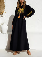 Load image into Gallery viewer, Retro Linen Cotton,Wheat Emberoidery, Lantern Sleeve Boho Maxi Dress
