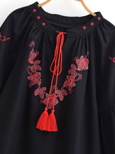 Load image into Gallery viewer, Wild Floral Embroidery ,Linen Cotton Shirts, Lace-up Tassel Boho Blusas
