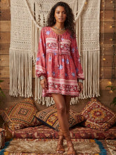 Load image into Gallery viewer, Bohemian Floral Print Mini Dress - Long Sleeve V-Neck Flowy Summer Tunic
