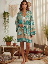 Load image into Gallery viewer, Green Peacock Floral Print ,bohemian kimono ,Boho robe Cover-ups
